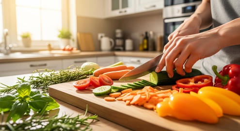 Chef cuts carrots and fresh vegetables on a cutting board in a clean kitchen. Organic vegetables