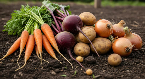 Organic Root Vegetables (Carrots, Potatoes, Onions) on Dark Soil Background