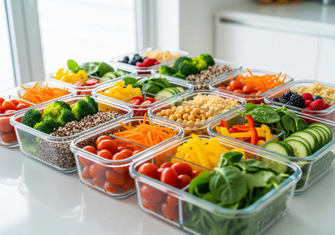 Meal prep vegetables in organized containers Healthy vegetables sorted in clear boxes for weekly mea