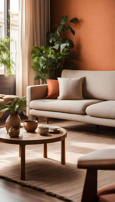 Modern organic living room interior with terracotta wall