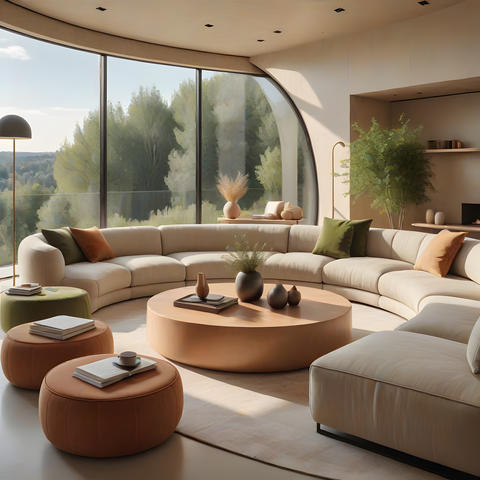 Modern organic living room design with curved sofa
