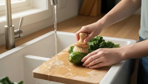 Hands gently scrubbing a wooden cutting board with fresh vegetables under cool