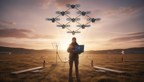 Professional autonomous drone engineer testing a large swarm of quadcopters