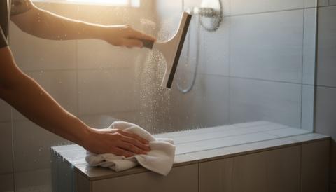 Wiping away water streaks from shower walls and bench in a sunlit bathroom
