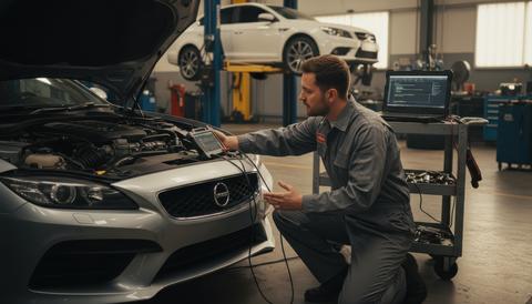Expert vehicle technician connects diagnostic scanner to modern engine for