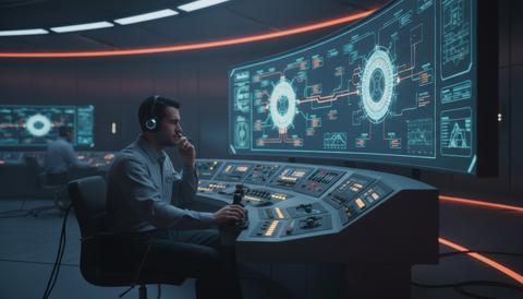 Professional nuclear power plant operator monitoring core reactor systems inside