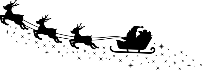 Silhouette illustration of Santa Claus riding a sleigh. Sparkling trail