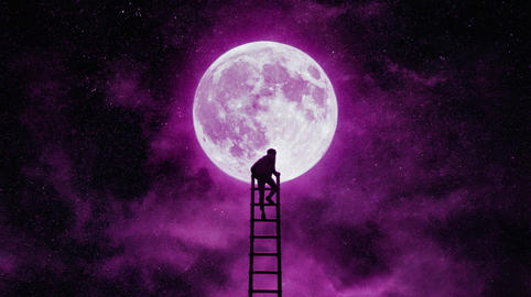 Person climbing a tall ladder reaching toward a bright purple moon