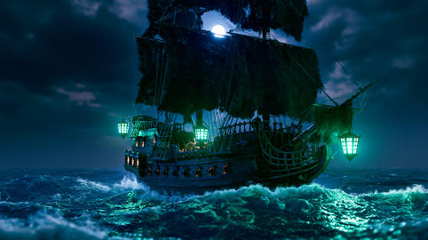 Pirate ship sailing across stormy ocean waves under a bright full moon