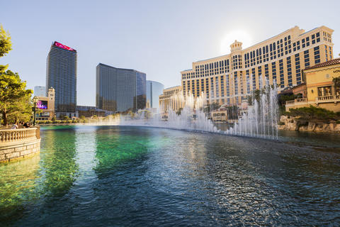 Beautiful view of Bellagio fountains and Las Vegas Strip hotels at sunset