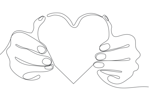 Continuous one line drawing hand holding heart. Charity donation linear symbol