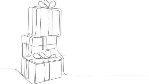 Santa Claus riding reindeer sleigh with Christmas gifts outline