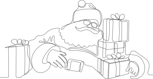 Santa Claus riding reindeer sleigh with Christmas gifts outline