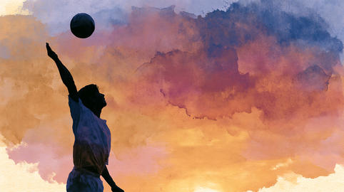 Silhouette of a Volleyball Player Serving the Ball Against Watercolor Sky