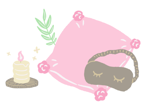 Hand-drawn illustration of healing cushions, eye masks, and scented candles