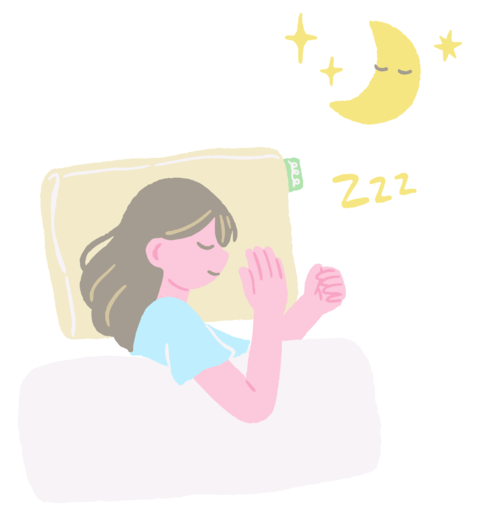 Hand-drawn illustration of a woman sleeping comfortably in bed