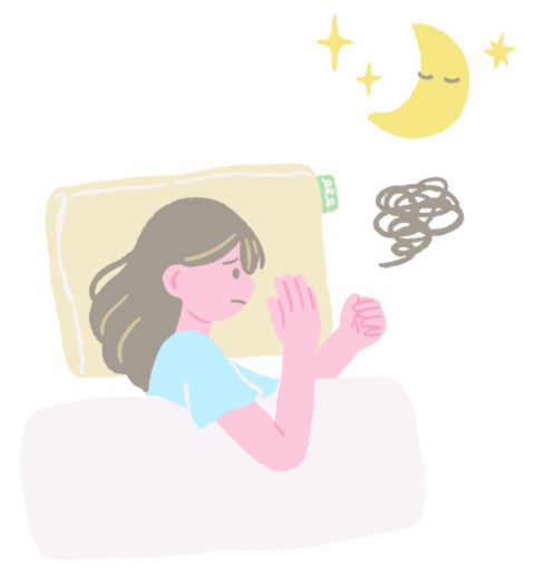 Hand-drawn illustration of an insomniac woman having trouble sleeping in bed at night