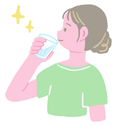 Hand-drawn illustration of a woman drinking a glass of water for hydration