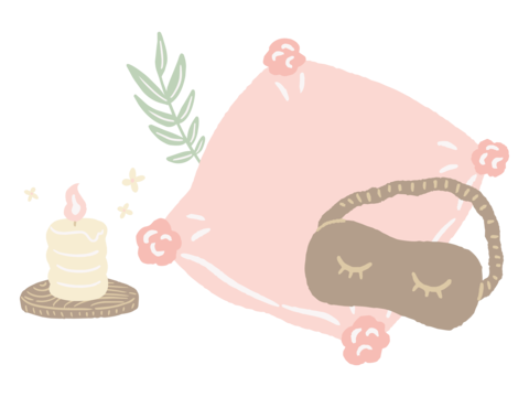 Hand-drawn illustration of healing cushions, eye masks, and scented candles