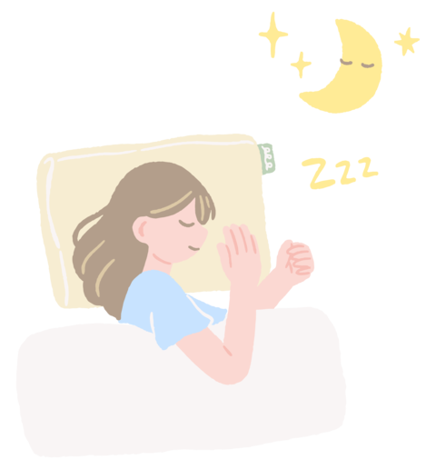 Hand-drawn illustration of a woman sleeping comfortably in bed