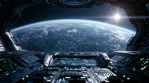 Futuristic Spaceship Cockpit Bridge View of Planet Earth from Space