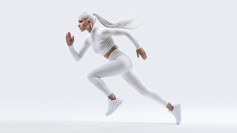 Side View of Athletic Woman Running in White Sportswear on White Background