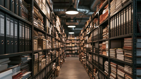 Dimly Lit Archive Warehouse Filled with Metal Shelving Units and Rows of Document Binders