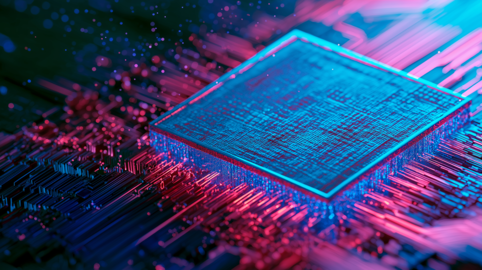 Futuristic Computer Chip and Circuit Board, AI and Tech Abstract Background