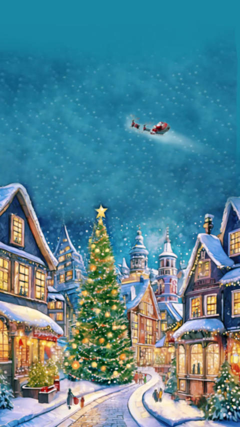 Santa Claus Flying Over a European Christmas Town at Night with a Christmas Tree - Vertical