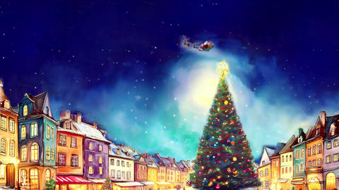 Santa Claus Flying Over a European Christmas Town at Night with a Christmas Tree