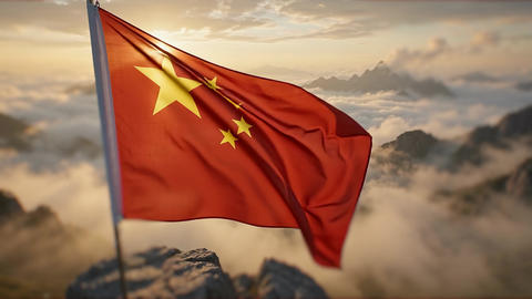 China National Day Flag Waving on Mountain at Sunrise for Patriotism and Cultural Heritage