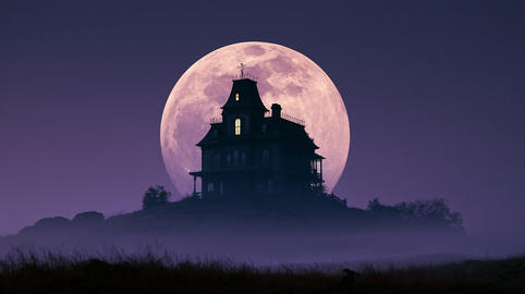 Spooky Haunted House On Hill Against Giant Full Moon Night Mist Horror Concept