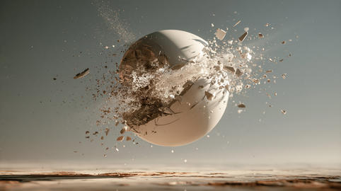 Abstract Shattered White Sphere Exploding in Mid Air with Debris