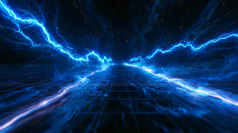 3D Perspective Grid with Glowing Blue Electric Lightning Sparks Background