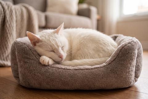 Fluffy White Cat Sleeping Peacefully in a Soft Pet Bed at Home