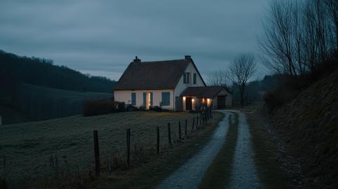 Remote Country House on Hillside at Dusk with Warm Light