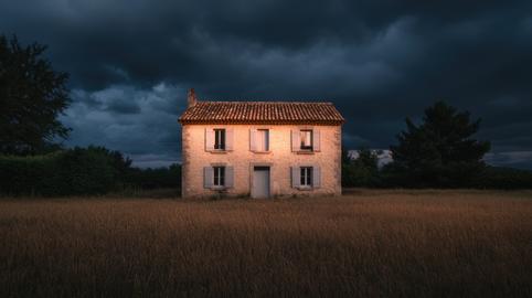 Old Stone House in Field Under Dramatic Stormy Sky