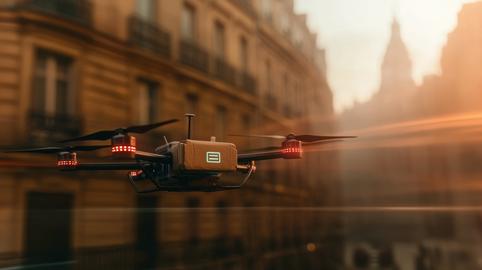 Autonomous Delivery Drone Carrying Cardboard Package, blurred city skyline in the background