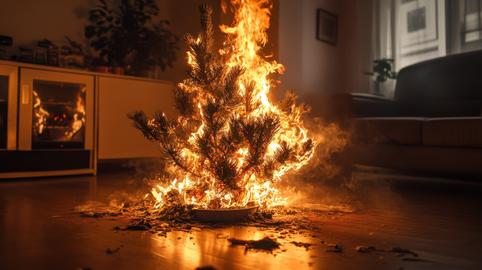 Fire Hazard Concept with Burning Pine Tree Indoors