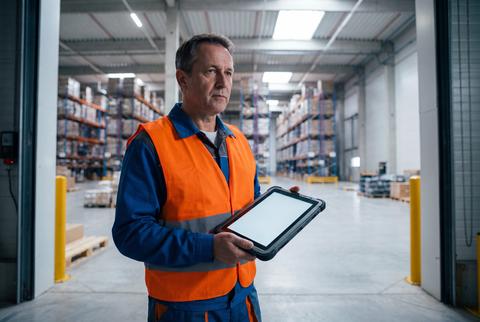 Warehouse Manager Holding Tablet Standing in Large Distribution Center