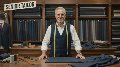 Tailor measuring dark fabric for custom suit