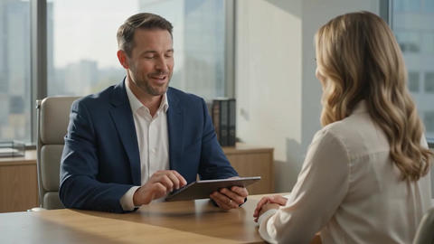 Financial advisor consulting client with stock market charts on laptop