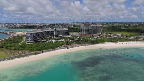 High Angle Aerial Shot of Resort Hotel and Tropical Coast in Miyakojima