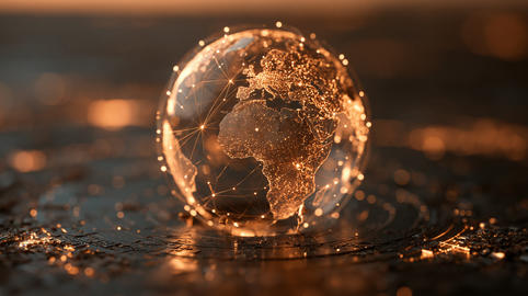 Fintech Digital Earth Network with Glowing Golden Wireframe Globe