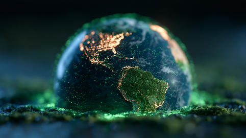 Futuristic Glowing Digital Earth Globe with Green Network Network and Connectivity Concept