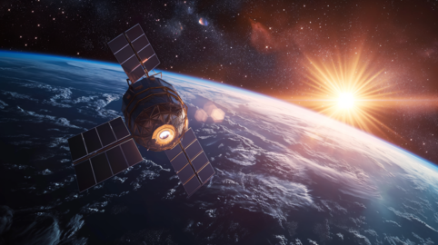 Generic Satellite Orbiting Earth with Sunlight Flare in Deep Space Footage