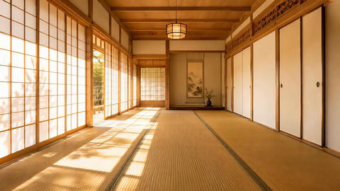 Traditional Japanese Tatami Room with Shoji Screens and Warm Natural Light