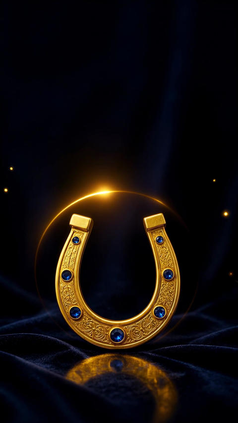 Golden Horseshoe With Blue Gemstones on Dark Background