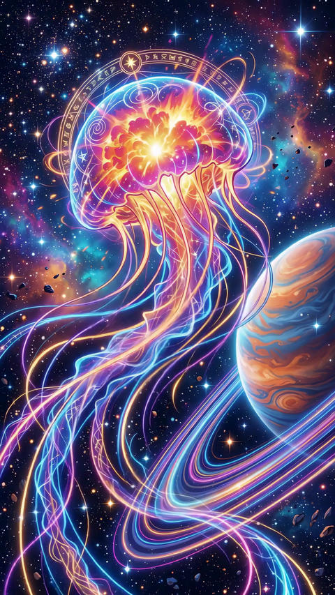 Neon Jellyfish Floating in Psychedelic Cosmic Space
