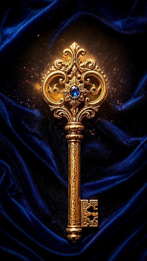 Ornate Golden Key With Blue Gemstone on Dark Velvet